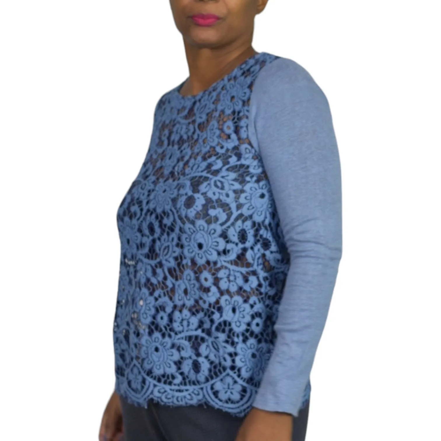 Sundance Ariadna Top Blue Lace Knit Sweater Scallop Hem Long Sleeves Size XS