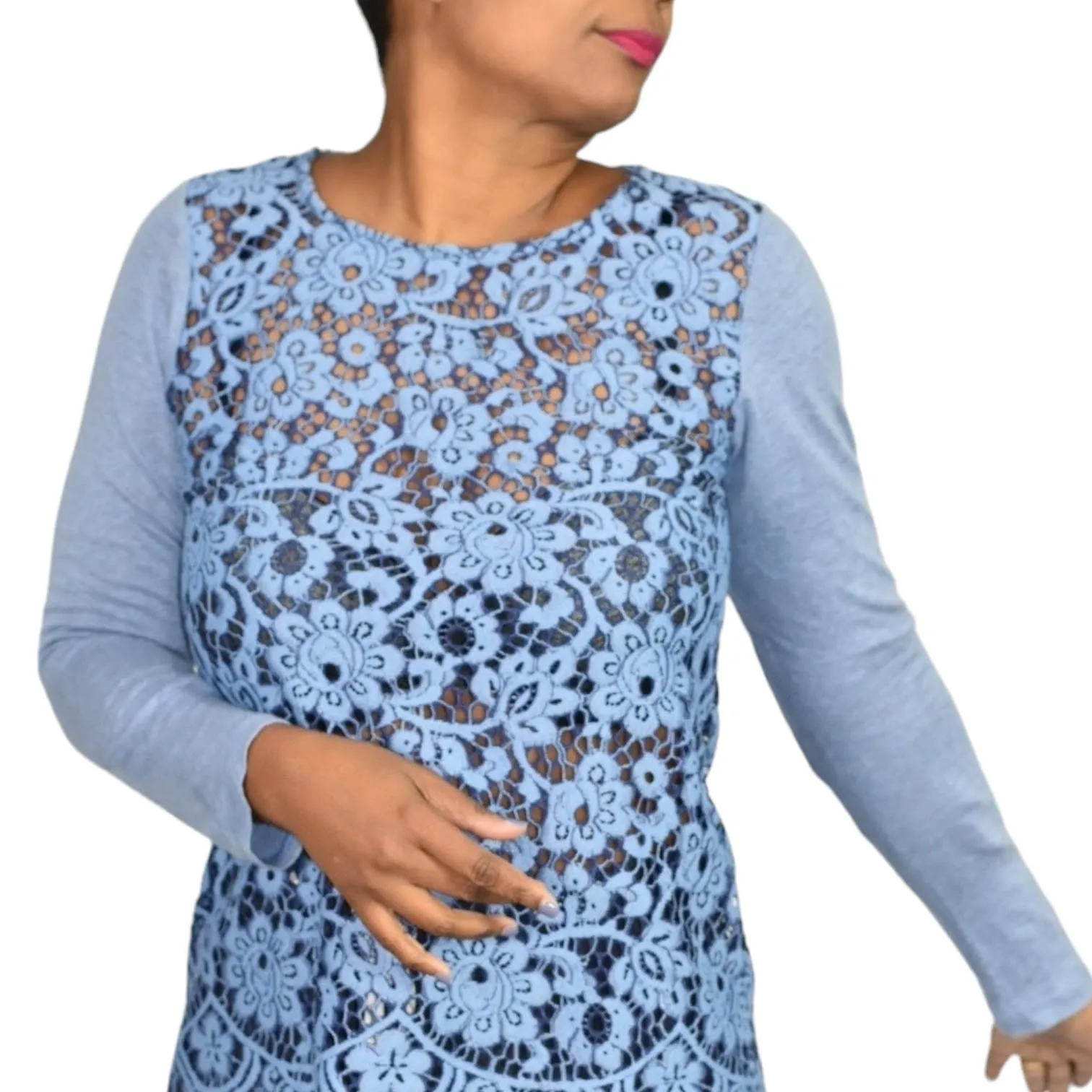 Sundance Ariadna Top Blue Lace Knit Sweater Scallop Hem Long Sleeves Size XS