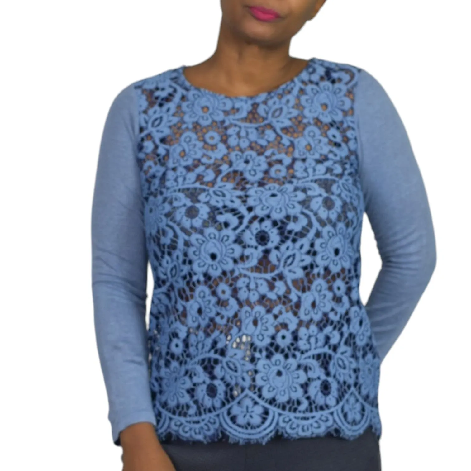Sundance Ariadna Top Blue Lace Knit Sweater Scallop Hem Long Sleeves Size XS