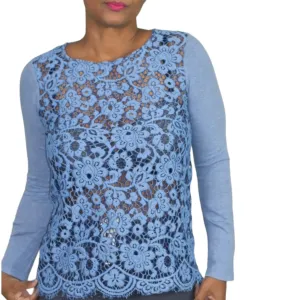 Sundance Ariadna Top Blue Lace Knit Sweater Scallop Hem Long Sleeves Size XS