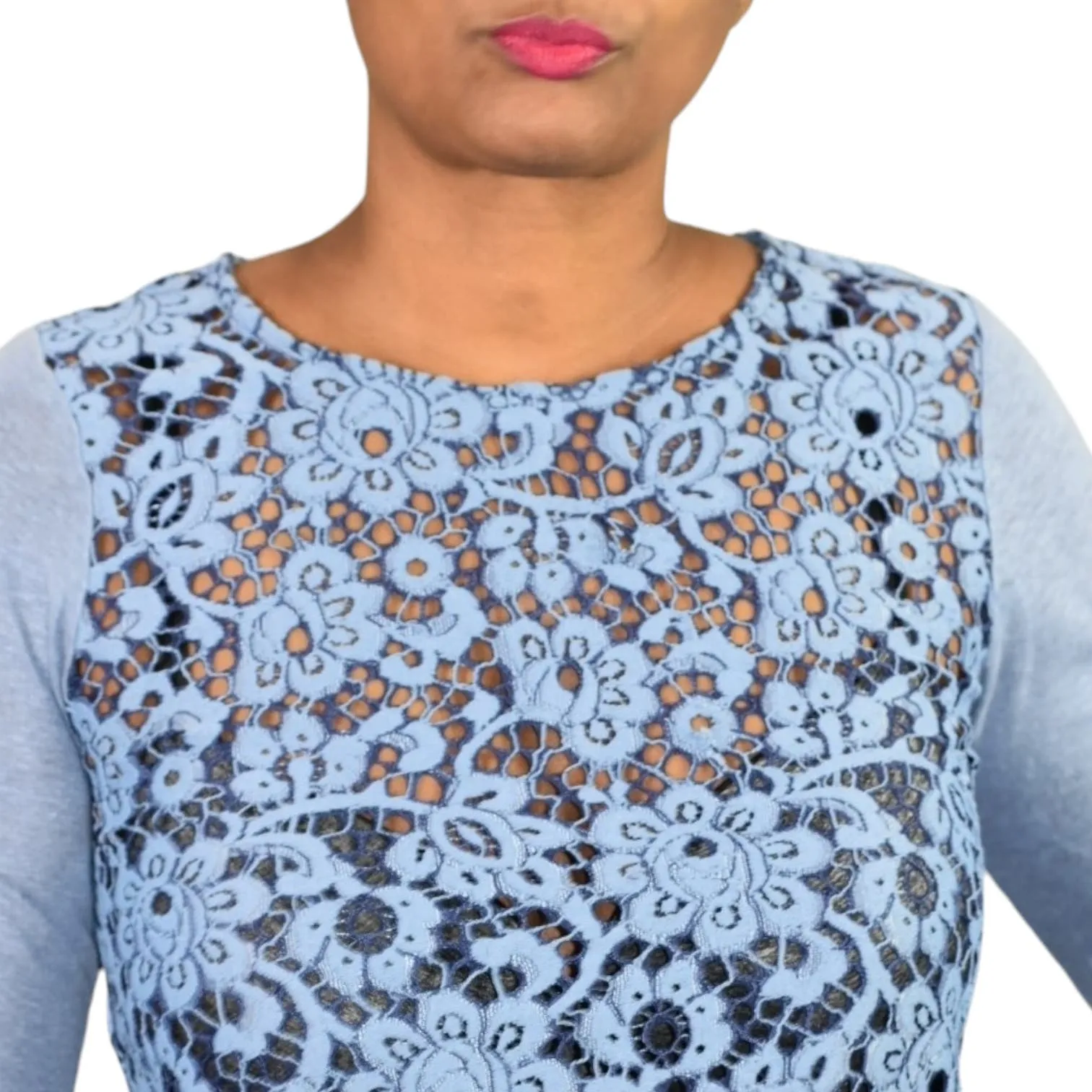 Sundance Ariadna Top Blue Lace Knit Sweater Scallop Hem Long Sleeves Size XS