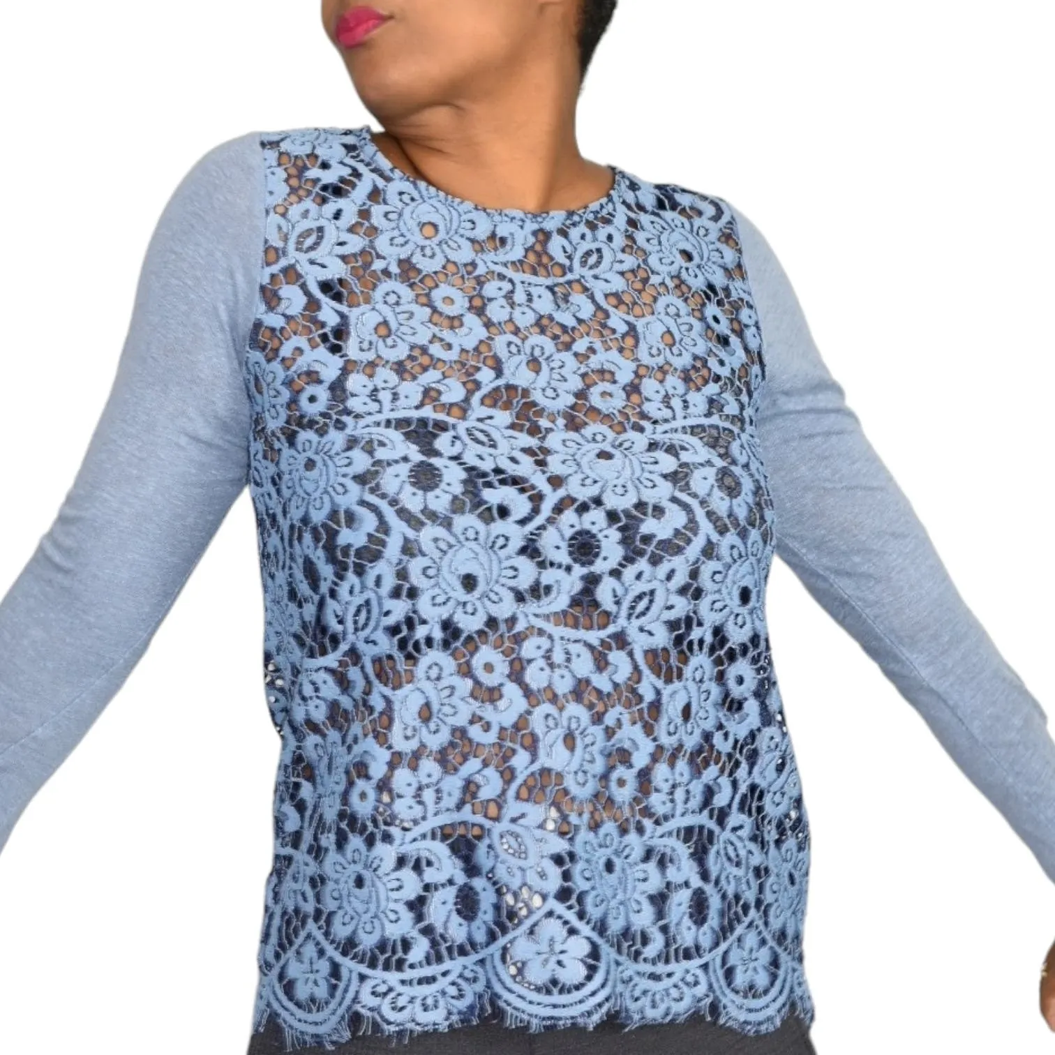 Sundance Ariadna Top Blue Lace Knit Sweater Scallop Hem Long Sleeves Size XS