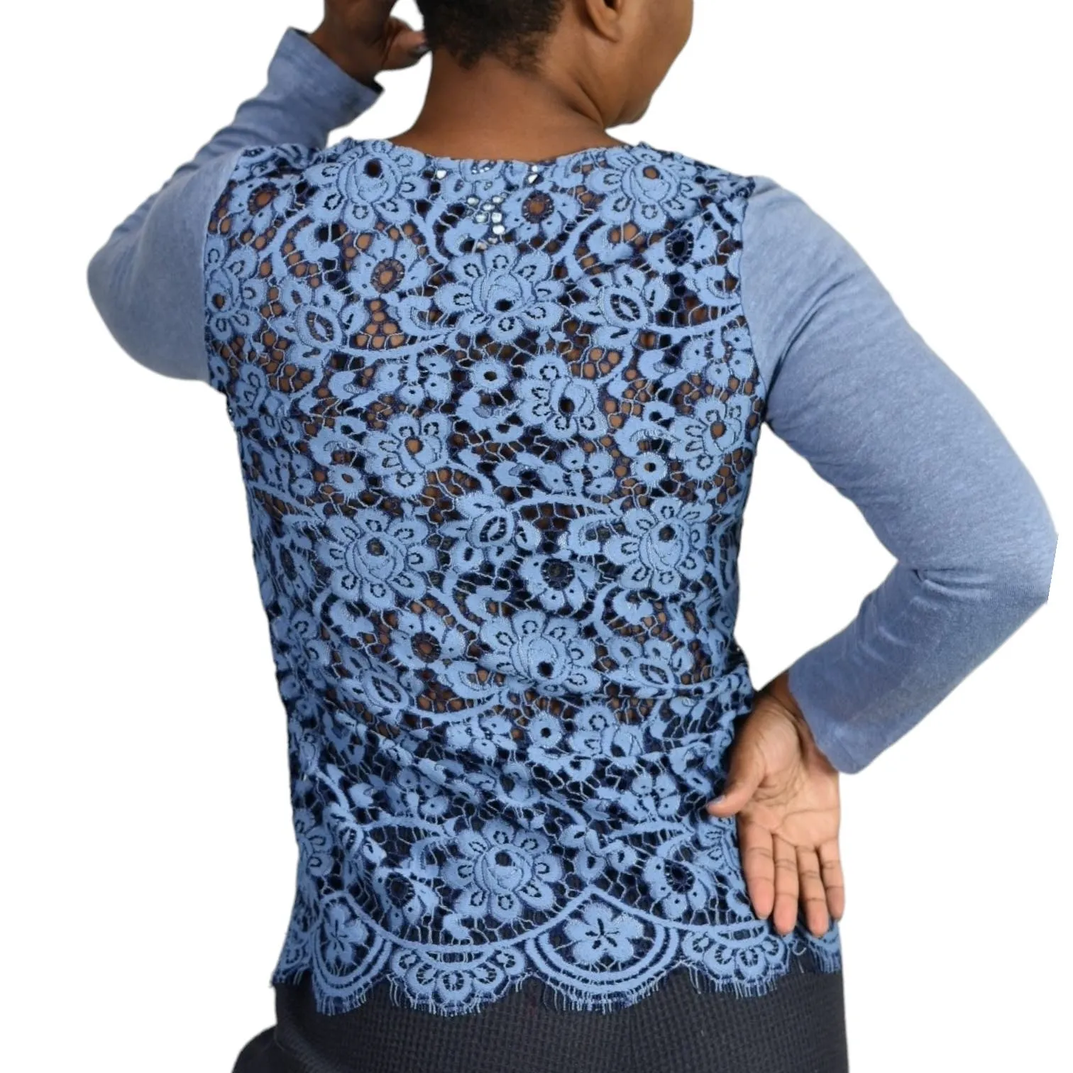 Sundance Ariadna Top Blue Lace Knit Sweater Scallop Hem Long Sleeves Size XS