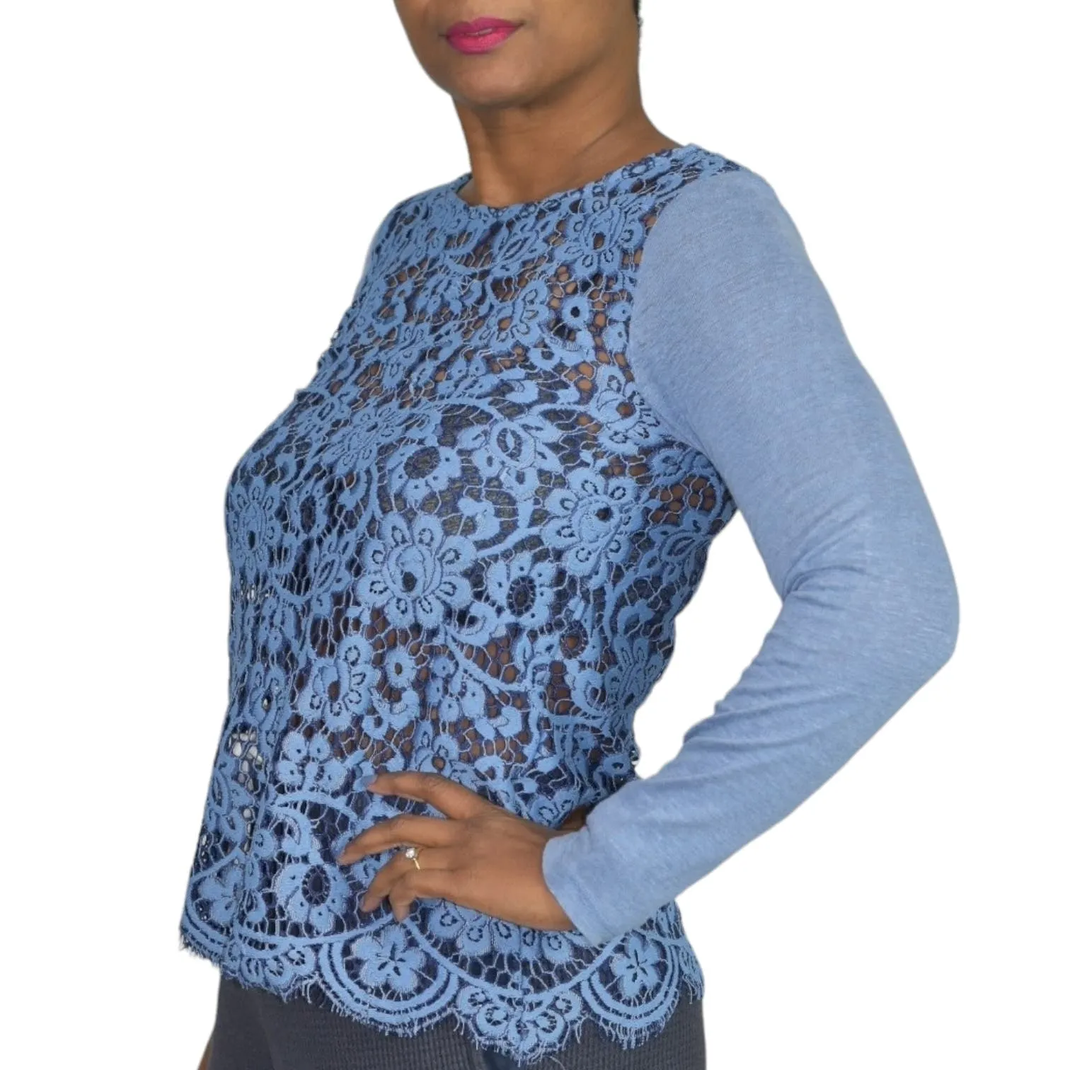 Sundance Ariadna Top Blue Lace Knit Sweater Scallop Hem Long Sleeves Size XS