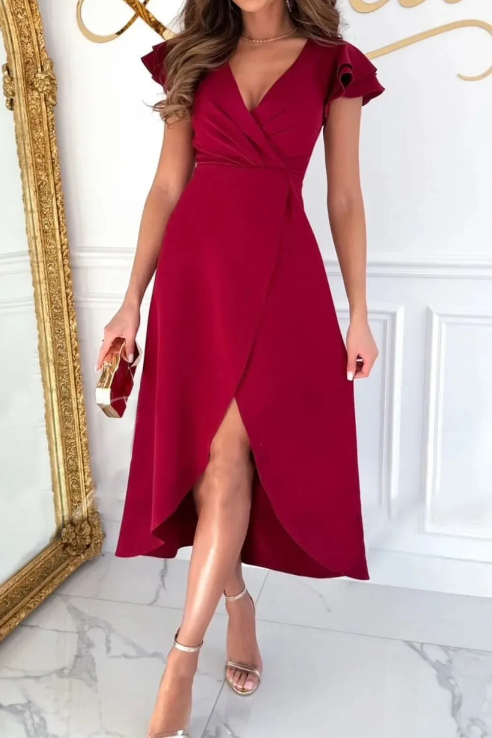 Surplice Ruffled Cap Sleeve Zip Back Dress
