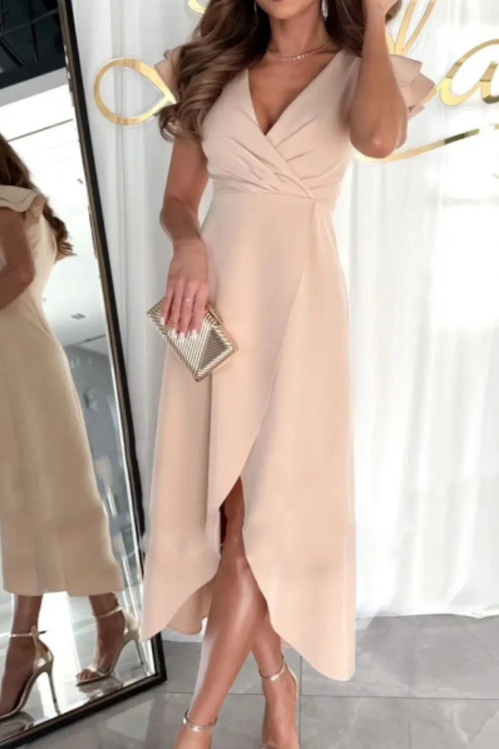 Surplice Ruffled Cap Sleeve Zip Back Dress