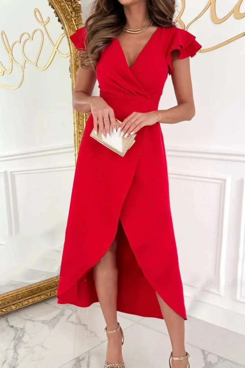 Surplice Ruffled Cap Sleeve Zip Back Dress