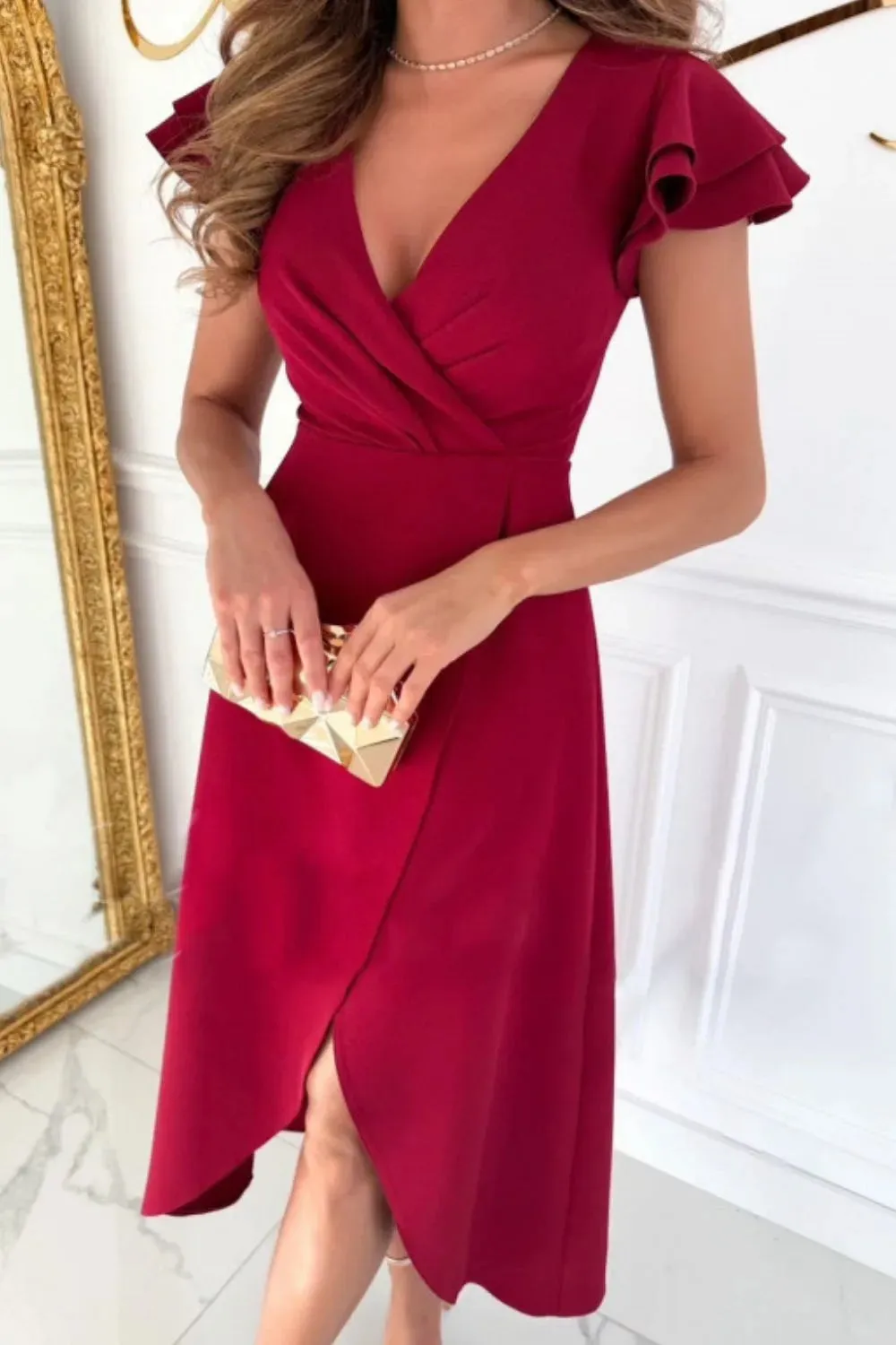 Surplice Ruffled Cap Sleeve Zip Back Dress