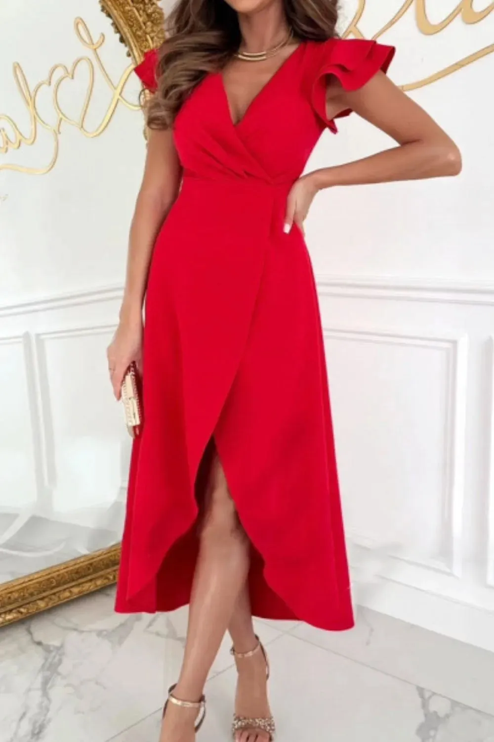 Surplice Ruffled Cap Sleeve Zip Back Dress