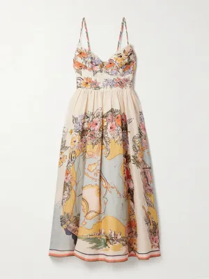 Tallow pleated printed linen midi dress
