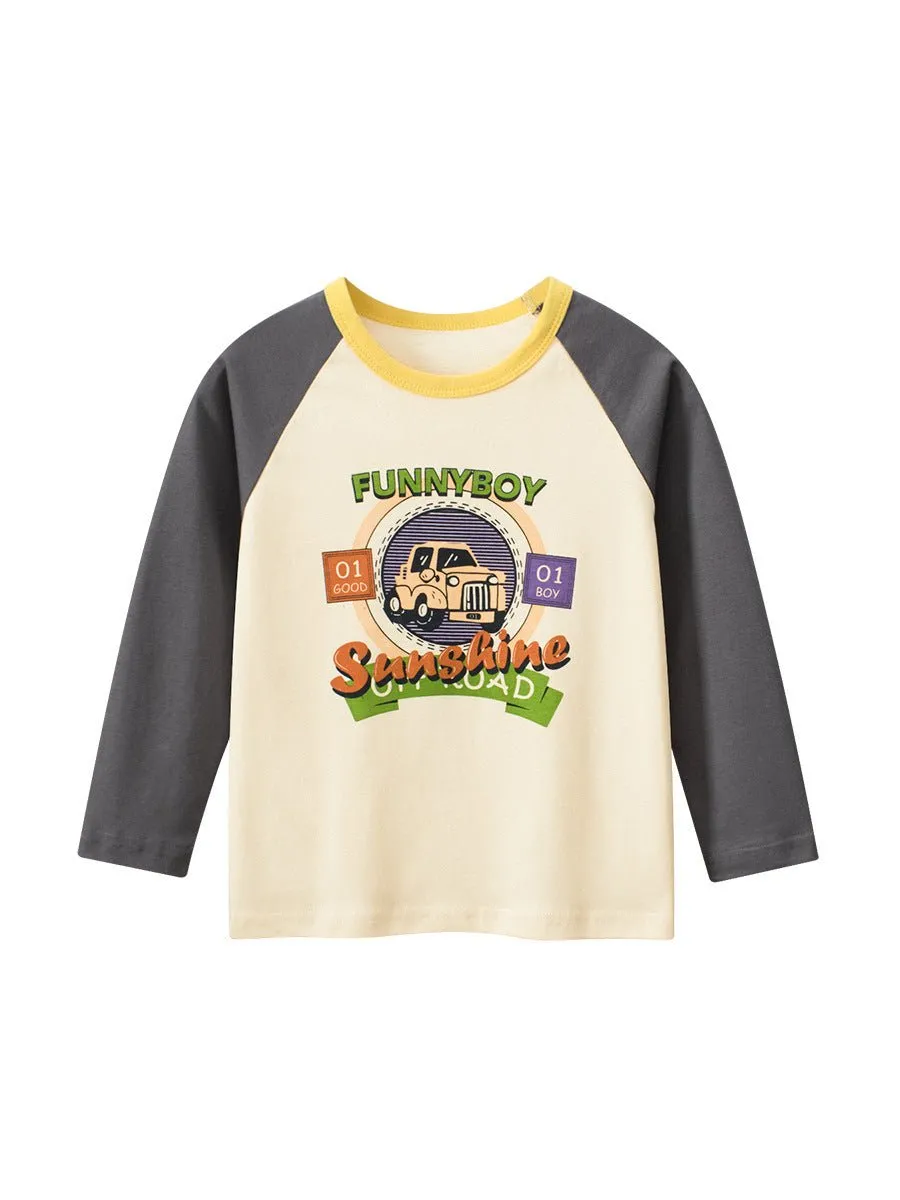 Toddler Boy's Vehicle Print Design Long Sleeve Cotton T-shirt
