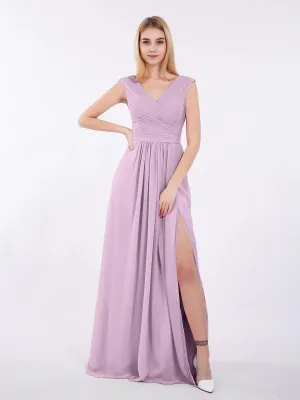 V Neck Chiffon Gown With Cap Sleeves Wisteria