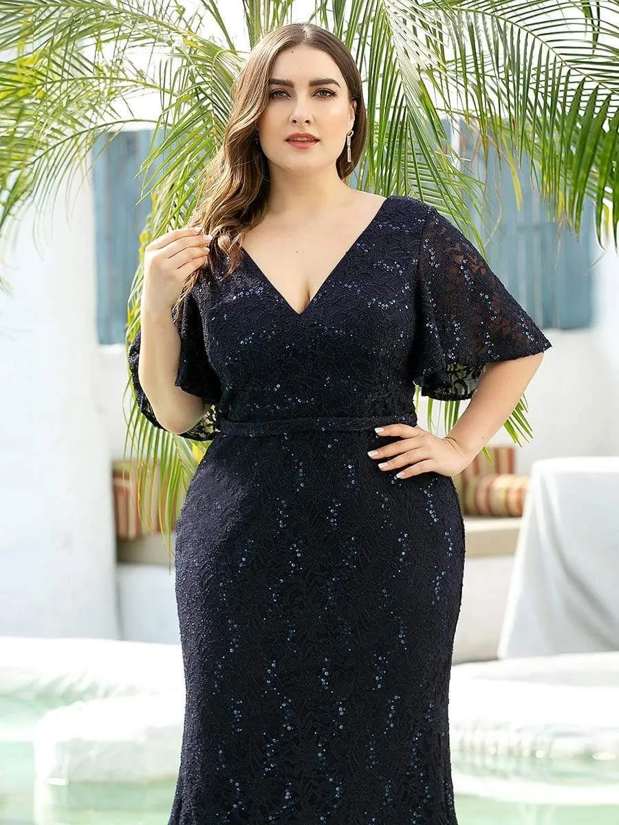 V Neck Flowy Sleeve Plus Size Fishtail Lace Party Dresses