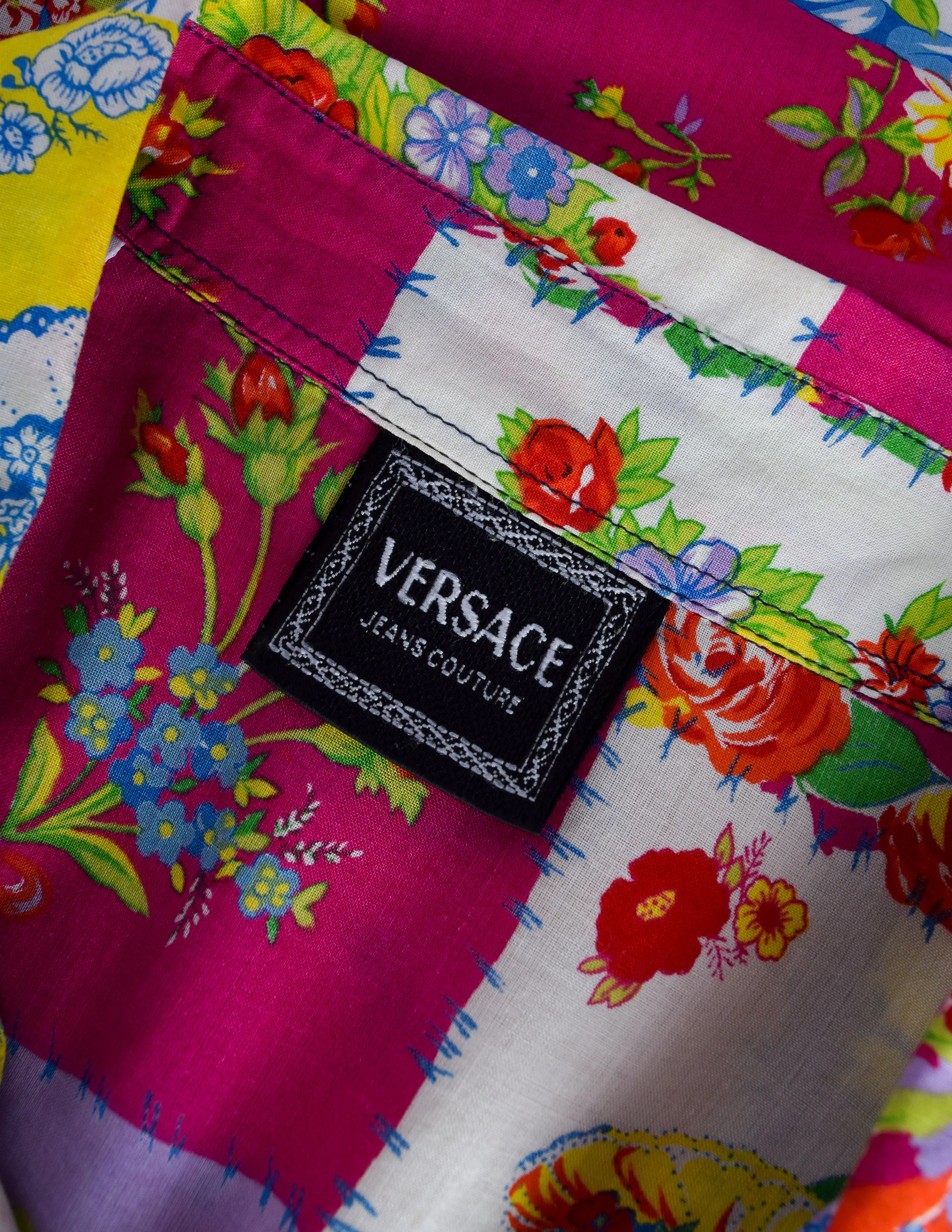 Versace Jeans Couture Vintage Men's Vibrant Patchwork Floral Print Cotton Button Up Shirt