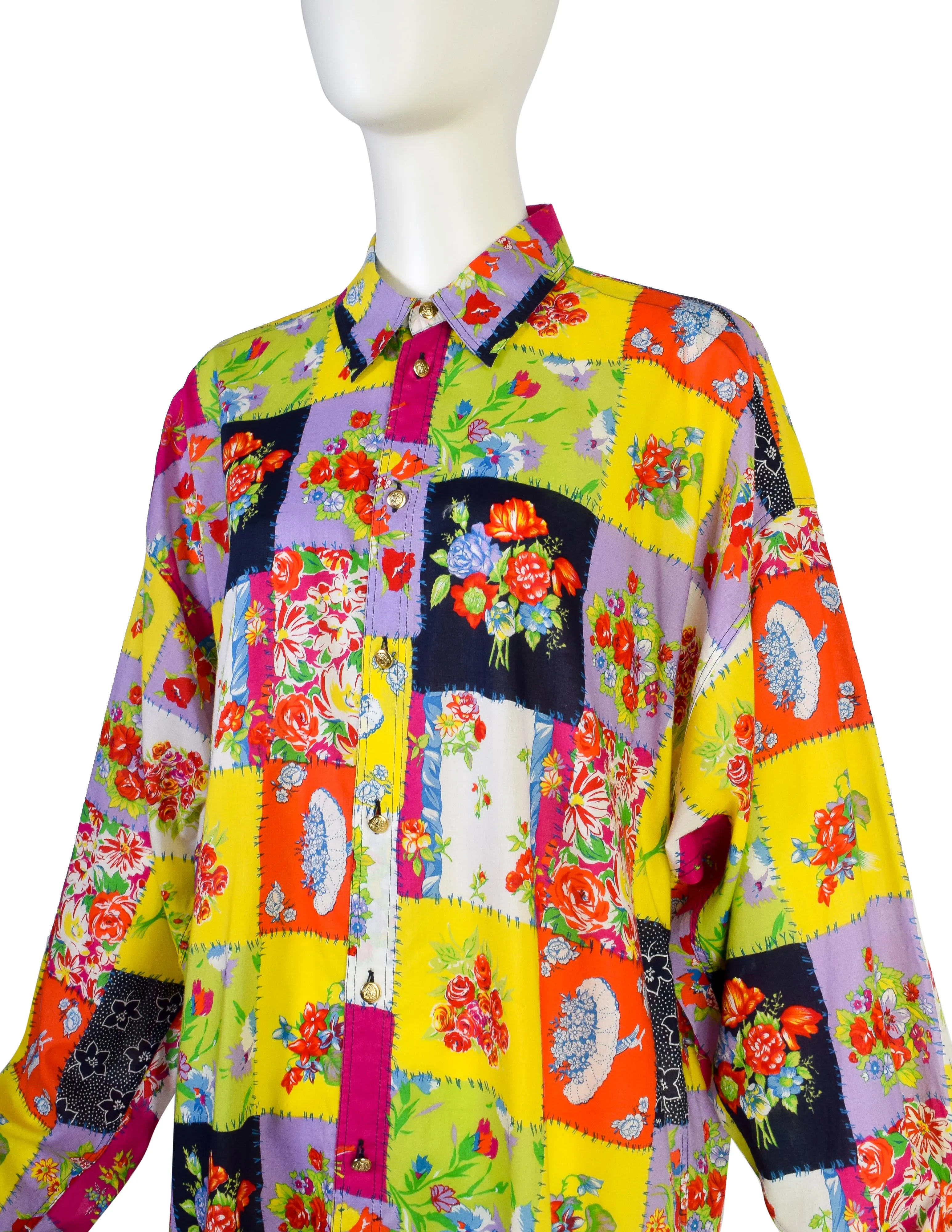 Versace Jeans Couture Vintage Men's Vibrant Patchwork Floral Print Cotton Button Up Shirt