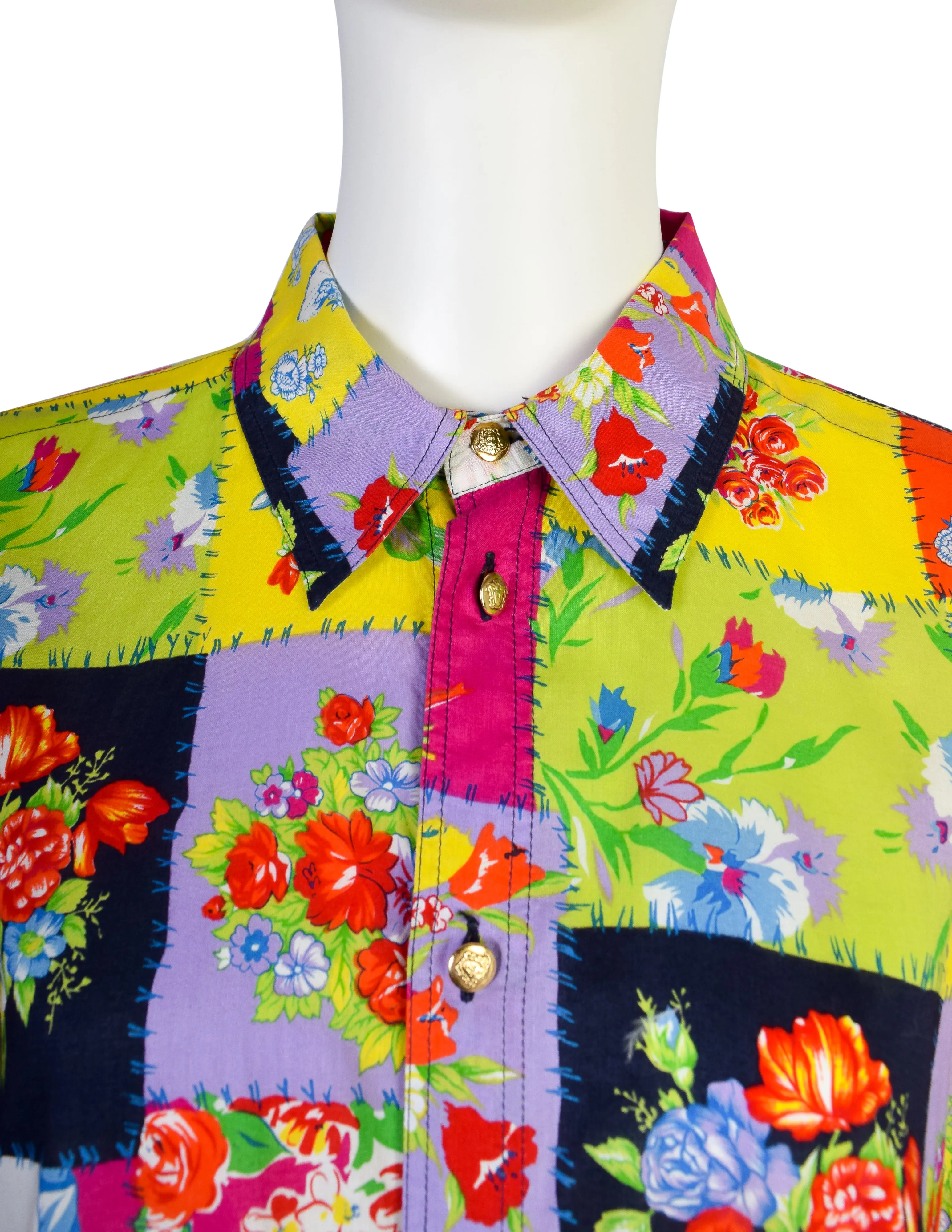 Versace Jeans Couture Vintage Men's Vibrant Patchwork Floral Print Cotton Button Up Shirt