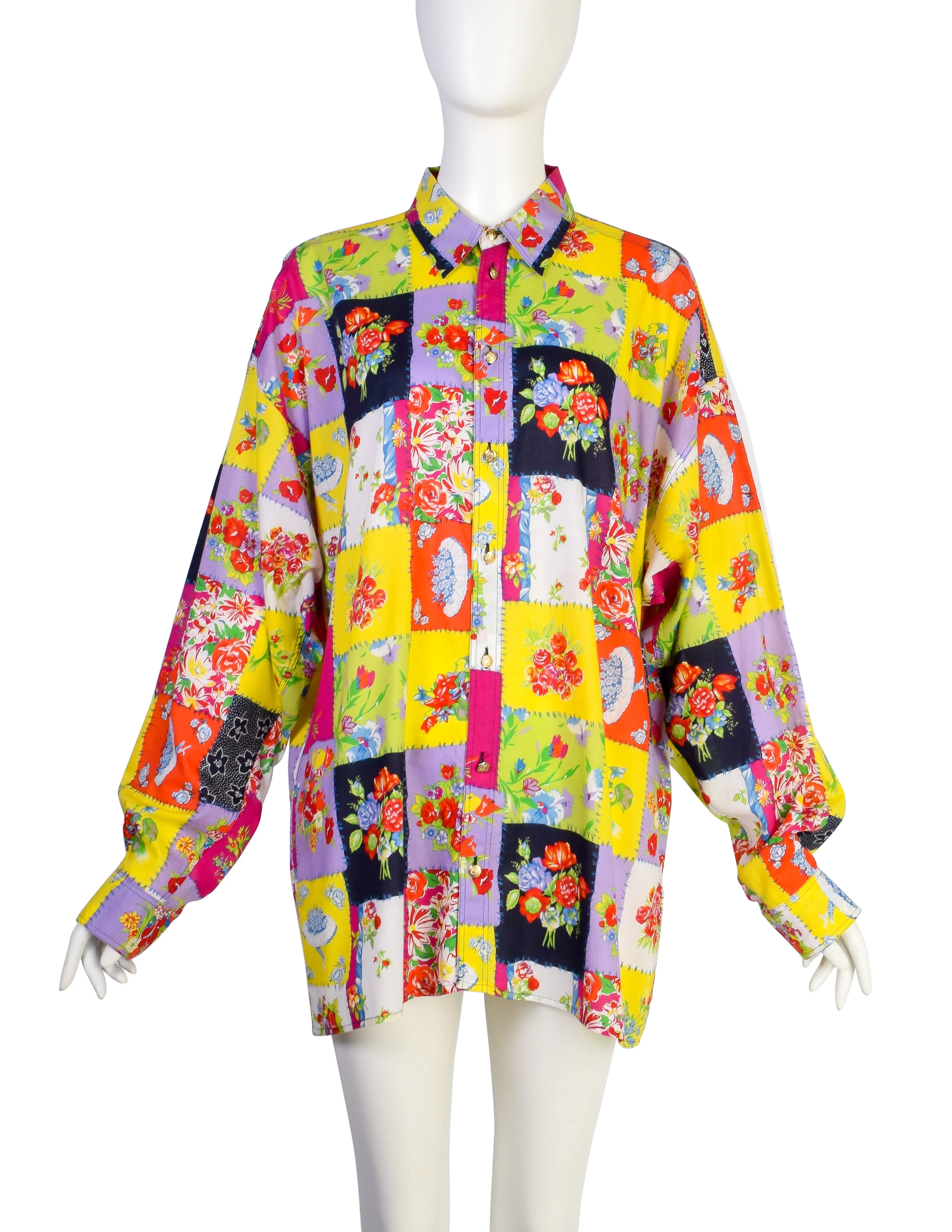 Versace Jeans Couture Vintage Men's Vibrant Patchwork Floral Print Cotton Button Up Shirt