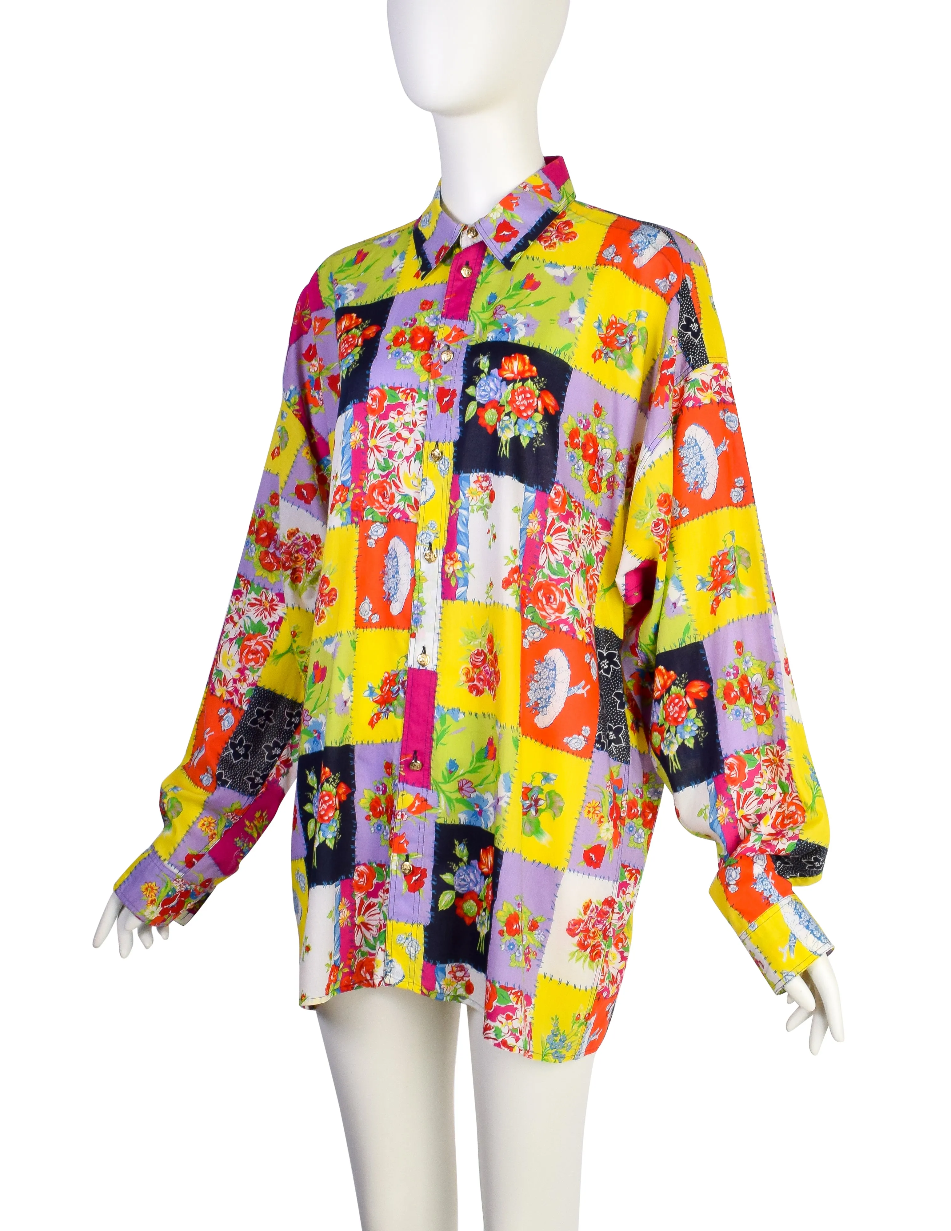 Versace Jeans Couture Vintage Men's Vibrant Patchwork Floral Print Cotton Button Up Shirt