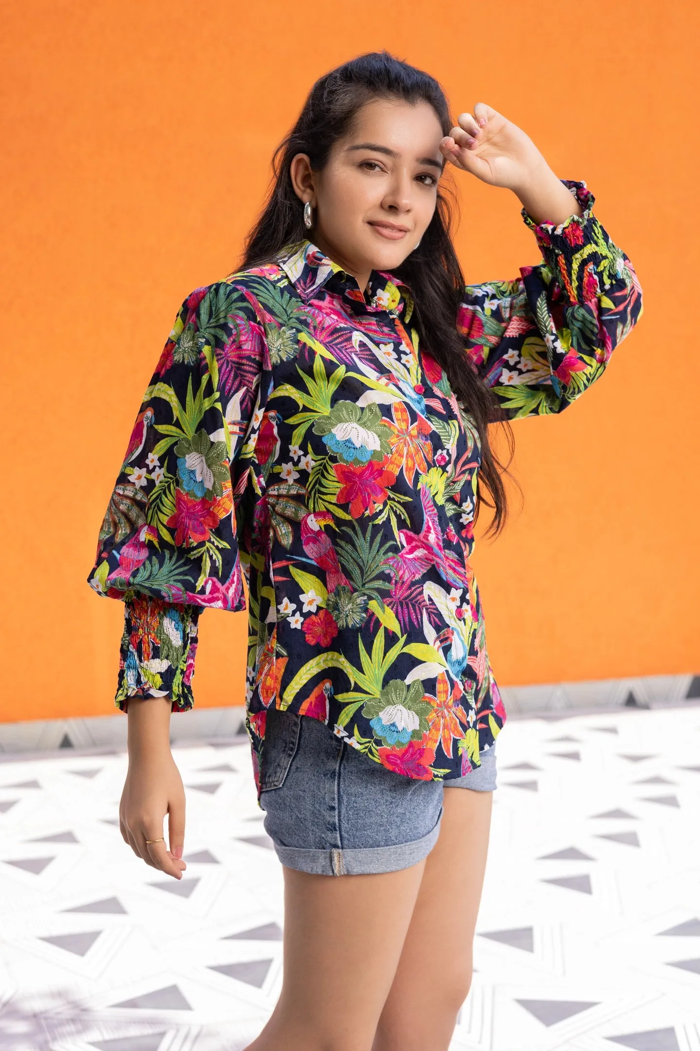 Vibrant Tropical Print Button Down Shirt
