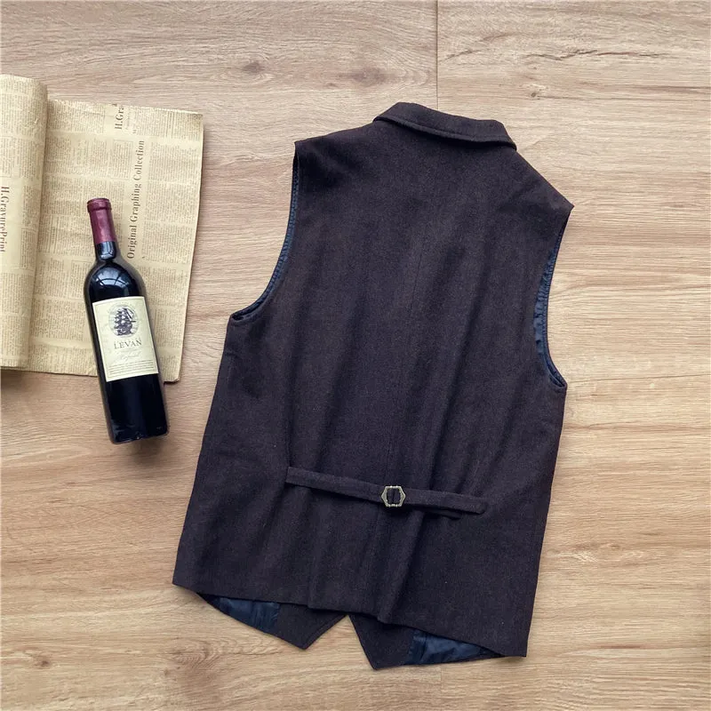 Vintage Classical Men's Retro Tweed Herringbone Notch Lapel Waistcoat