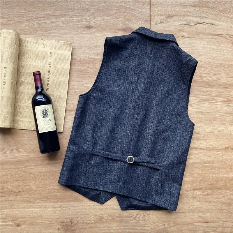 Vintage Classical Men's Retro Tweed Herringbone Notch Lapel Waistcoat