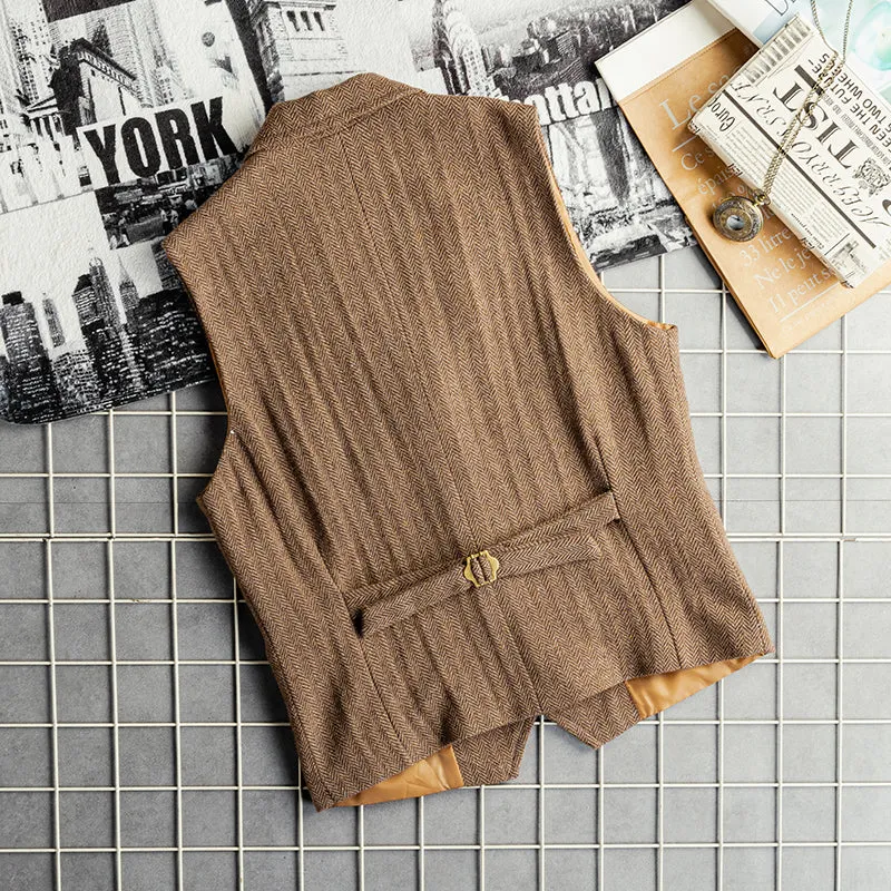 Vintage Classical Men's Retro Tweed Herringbone Notch Lapel Waistcoat
