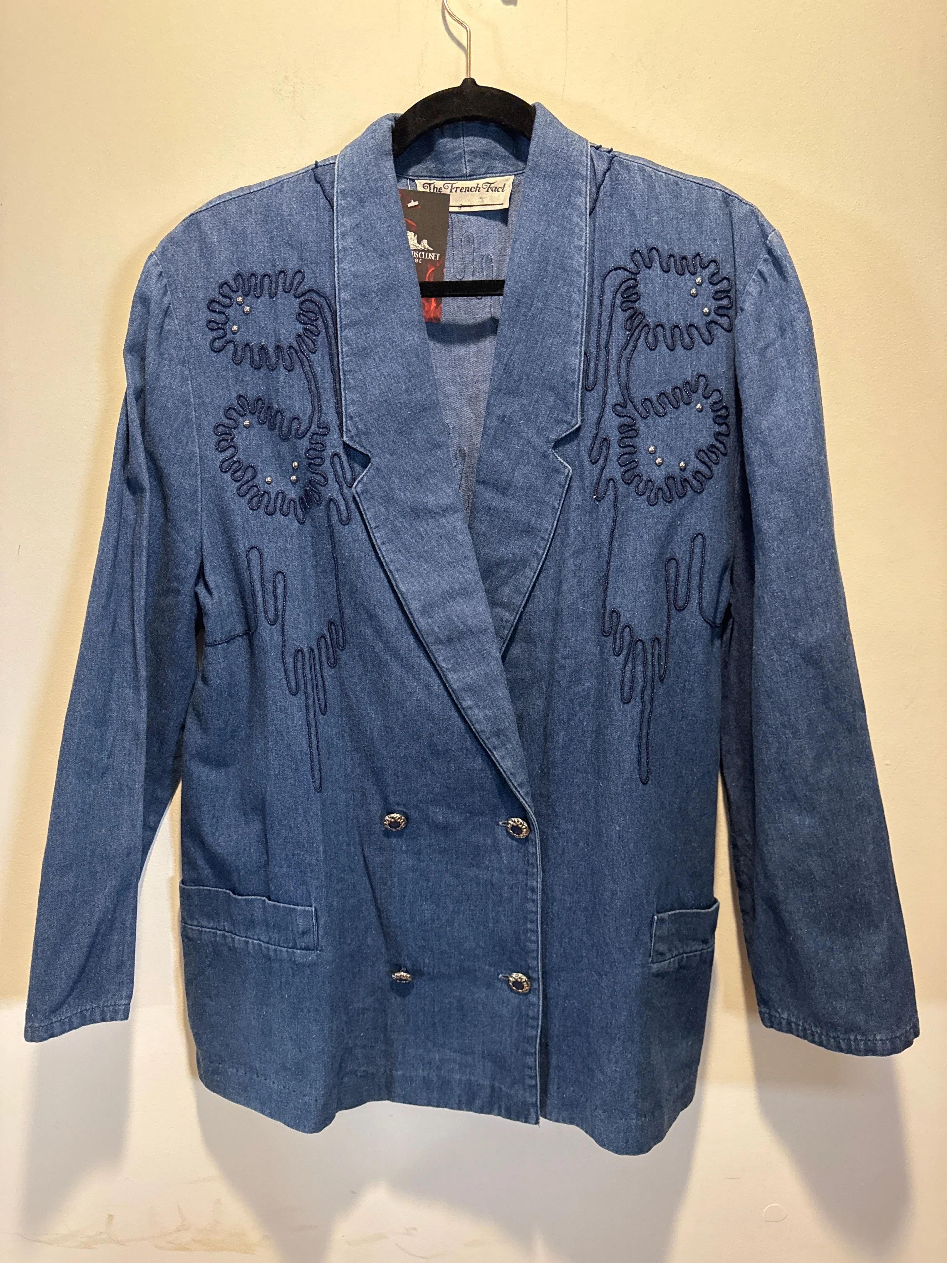 (WC014) Embroidered Double Breasted Denim Blazer