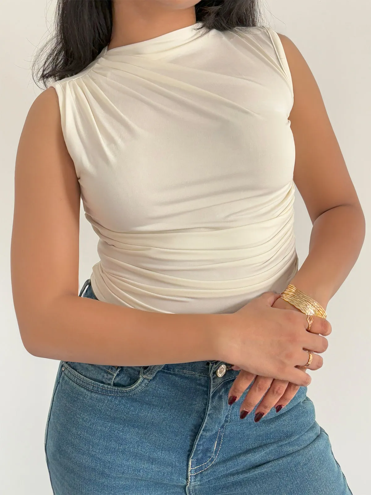 White Chic Gathered High Neck Top