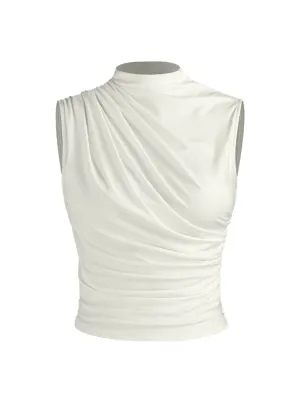 White Chic Gathered High Neck Top