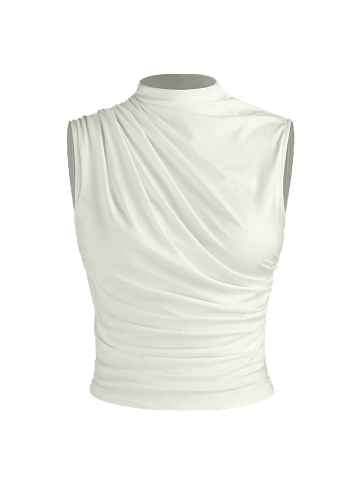 White Chic Gathered High Neck Top