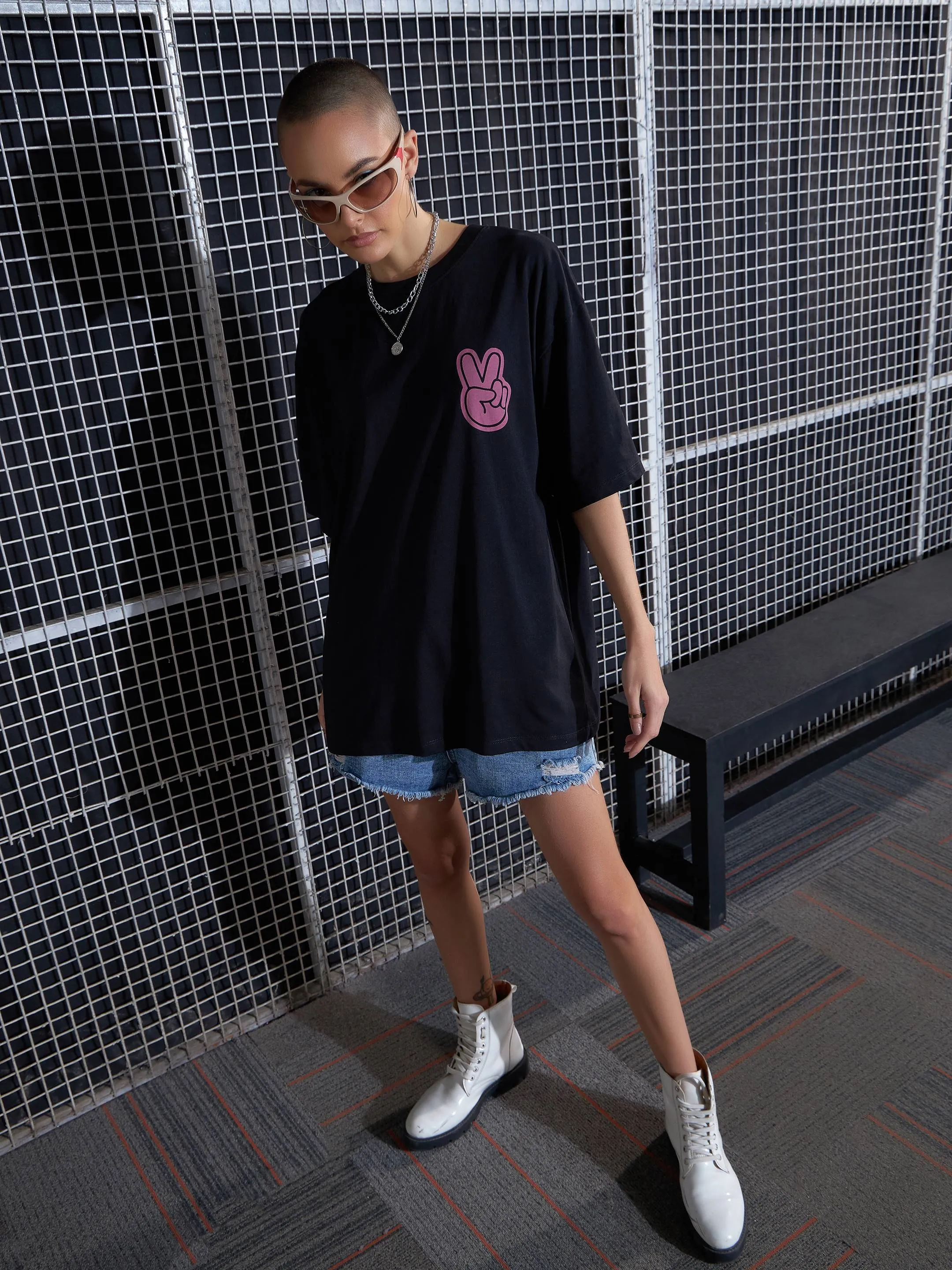 Women Black Cool Printed Oversized T-Shirt