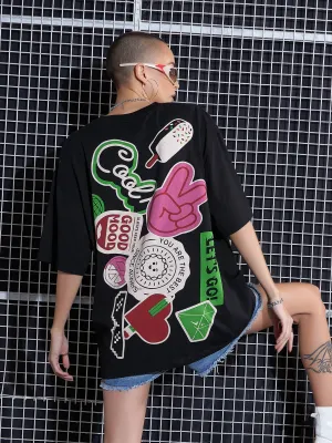 Women Black Cool Printed Oversized T-Shirt