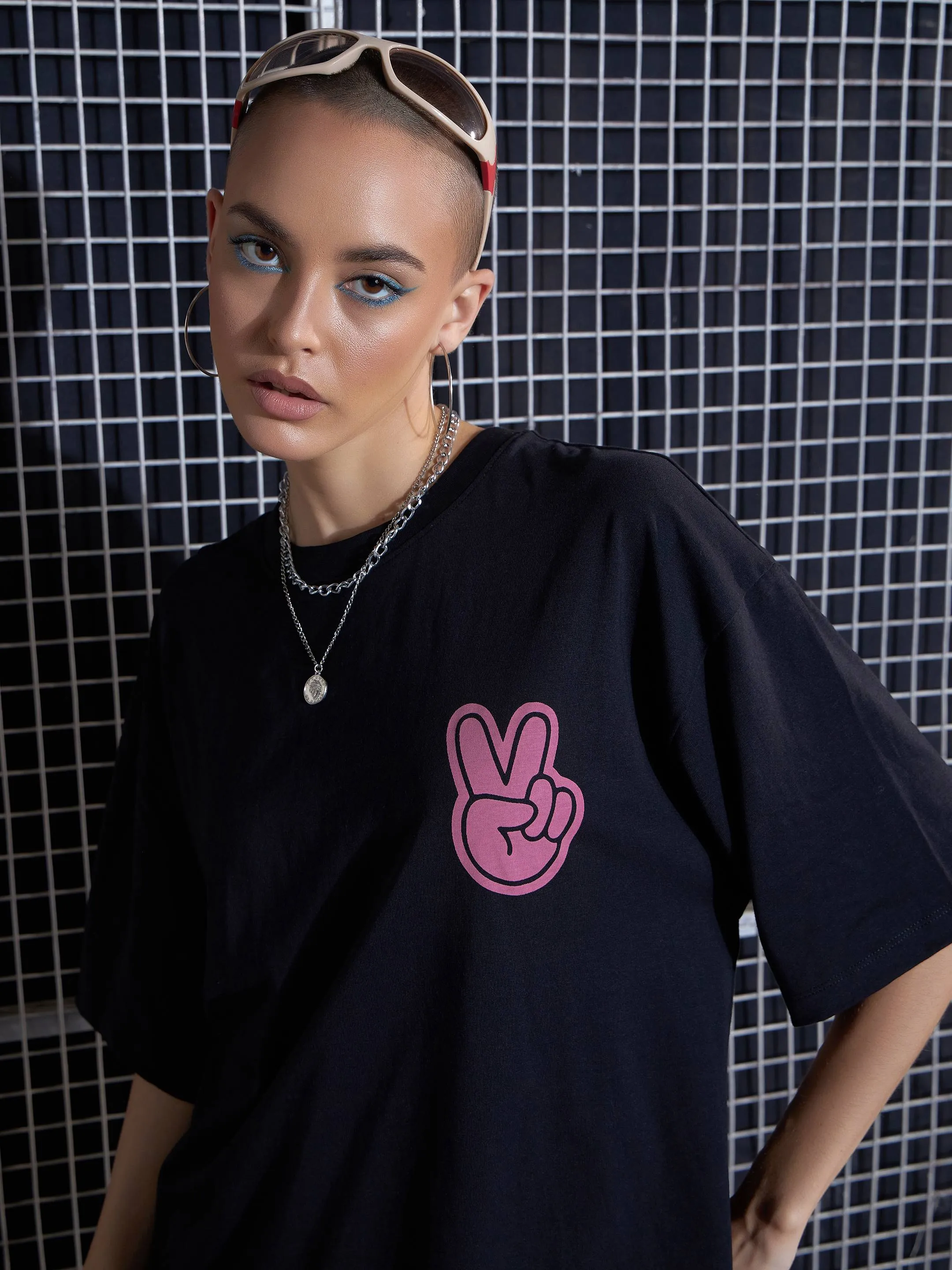 Women Black Cool Printed Oversized T-Shirt