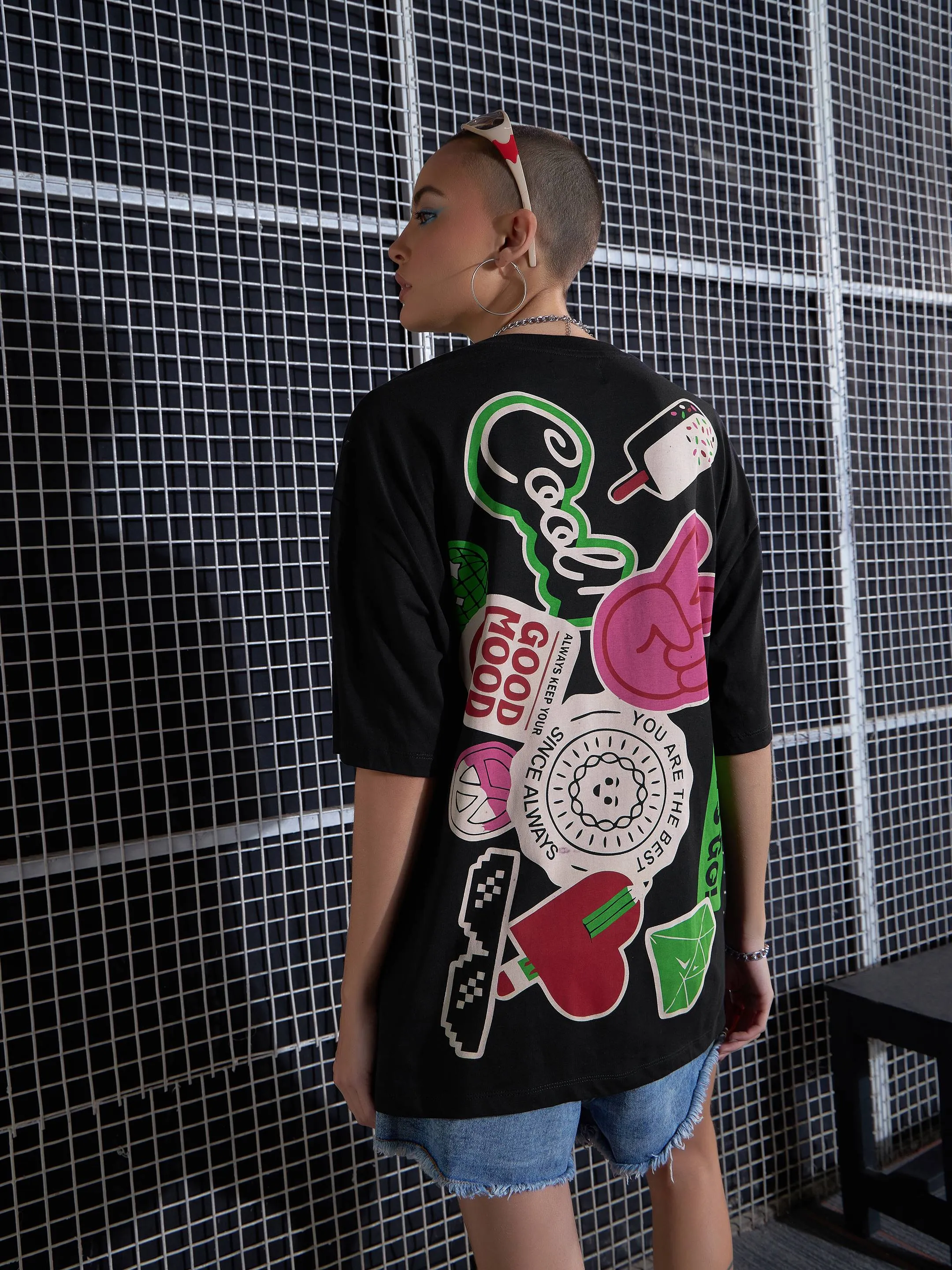 Women Black Cool Printed Oversized T-Shirt