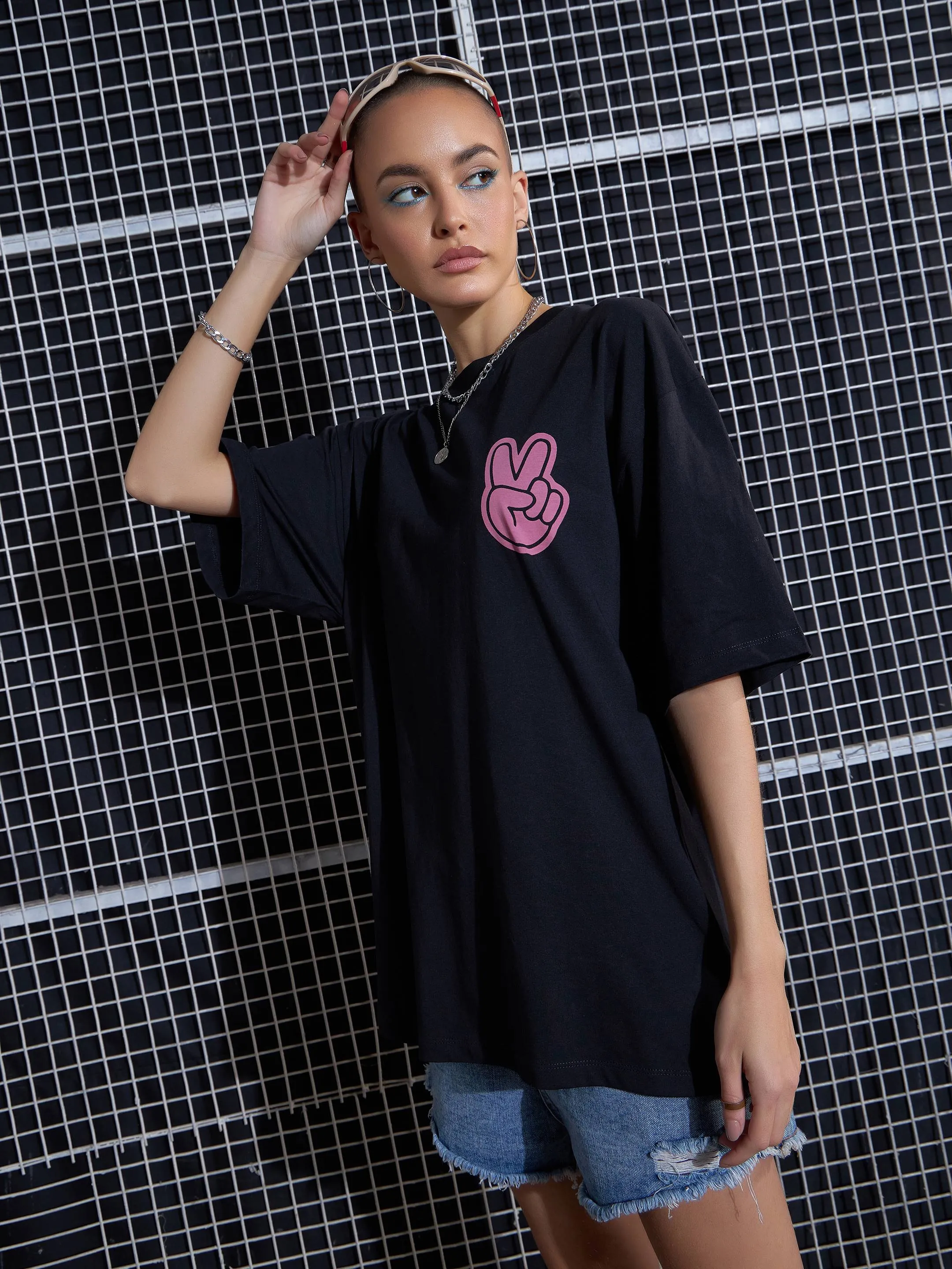 Women Black Cool Printed Oversized T-Shirt