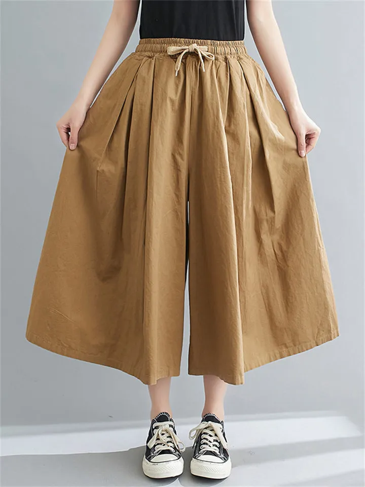 Women's Comfortable Elastic Waist Wide Leg Cropped Pants