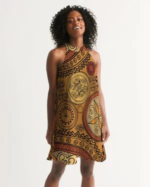 Women's Dress, Sleeveless Brown Paisley A-Line Halter Dress