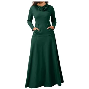 Womens Turtleneck Maxi Dresses Fall Winter Casual Long Sleeve Slim Fit Tshirts Long Dress Elegant Solid Color Pleated Flowy Party Cocktail Dresses     S482615