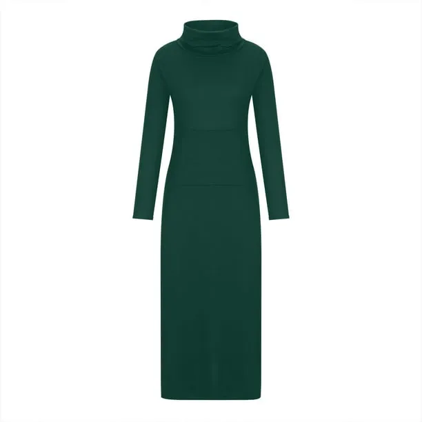 Womens Turtleneck Maxi Dresses Fall Winter Casual Long Sleeve Slim Fit Tshirts Long Dress Elegant Solid Color Pleated Flowy Party Cocktail Dresses     S482615