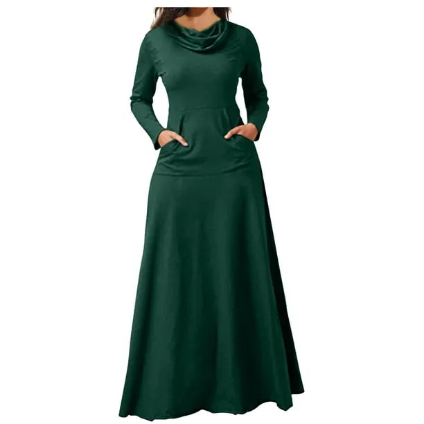 Womens Turtleneck Maxi Dresses Fall Winter Casual Long Sleeve Slim Fit Tshirts Long Dress Elegant Solid Color Pleated Flowy Party Cocktail Dresses     S482615