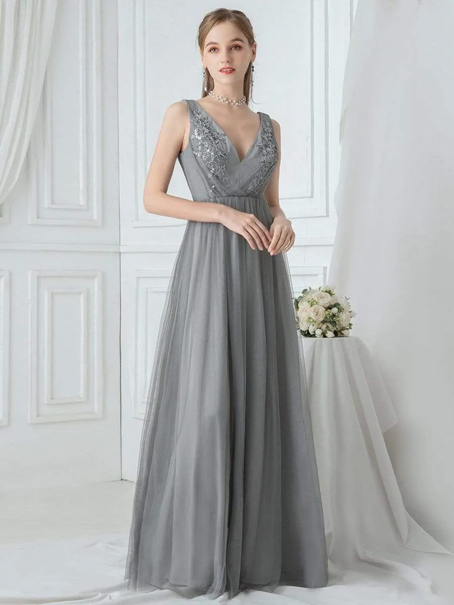 Women's V Neck Sleeveless Floor Length Tulle Evening Dresses