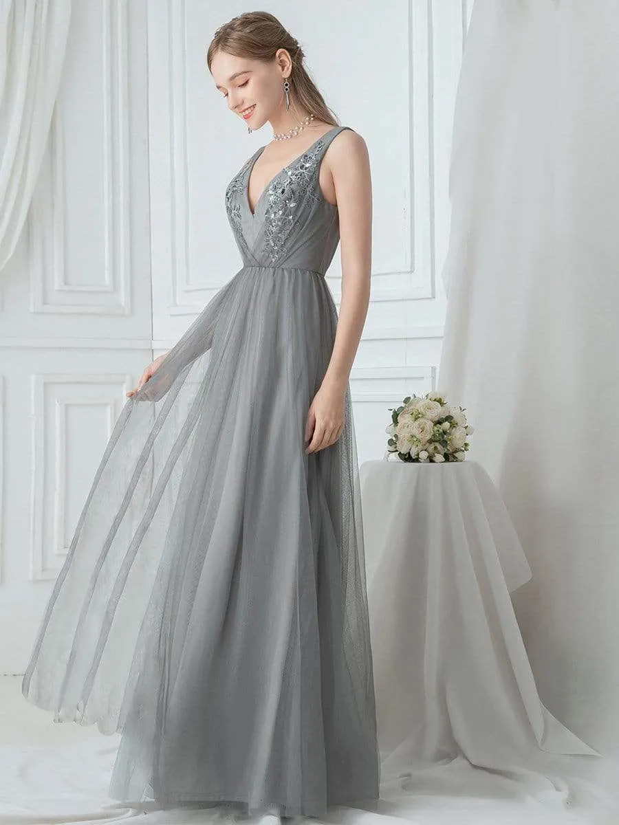 Women's V Neck Sleeveless Floor Length Tulle Evening Dresses