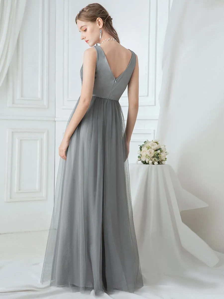 Women's V Neck Sleeveless Floor Length Tulle Evening Dresses