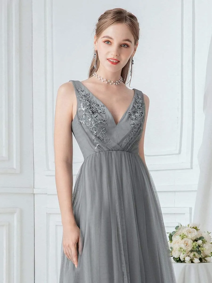 Women's V Neck Sleeveless Floor Length Tulle Evening Dresses
