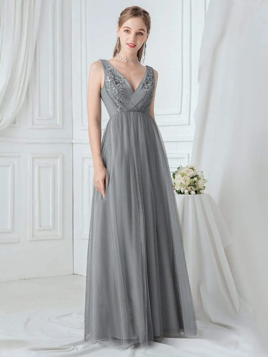 Women's V Neck Sleeveless Floor Length Tulle Evening Dresses