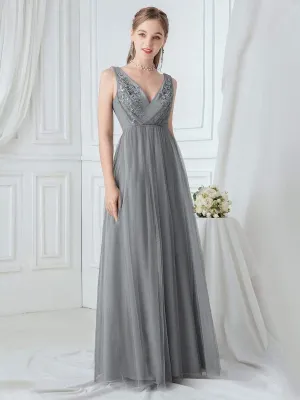 Women's V Neck Sleeveless Floor Length Tulle Evening Dresses