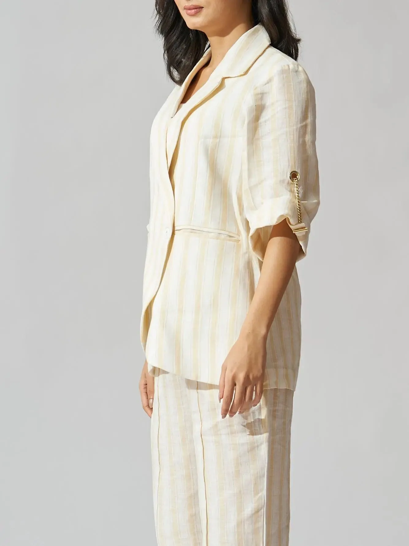 Yellow Striped Pure Linen Blazer with Flared Pants