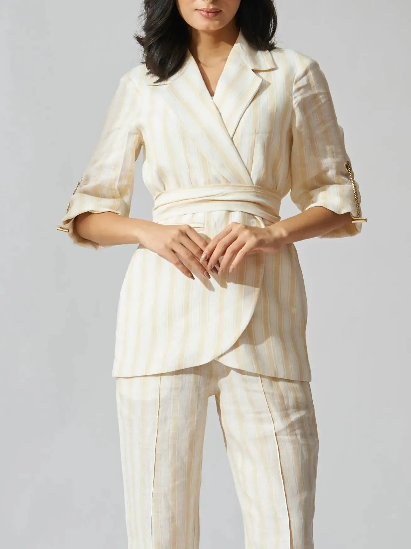 Yellow Striped Pure Linen Blazer with Flared Pants