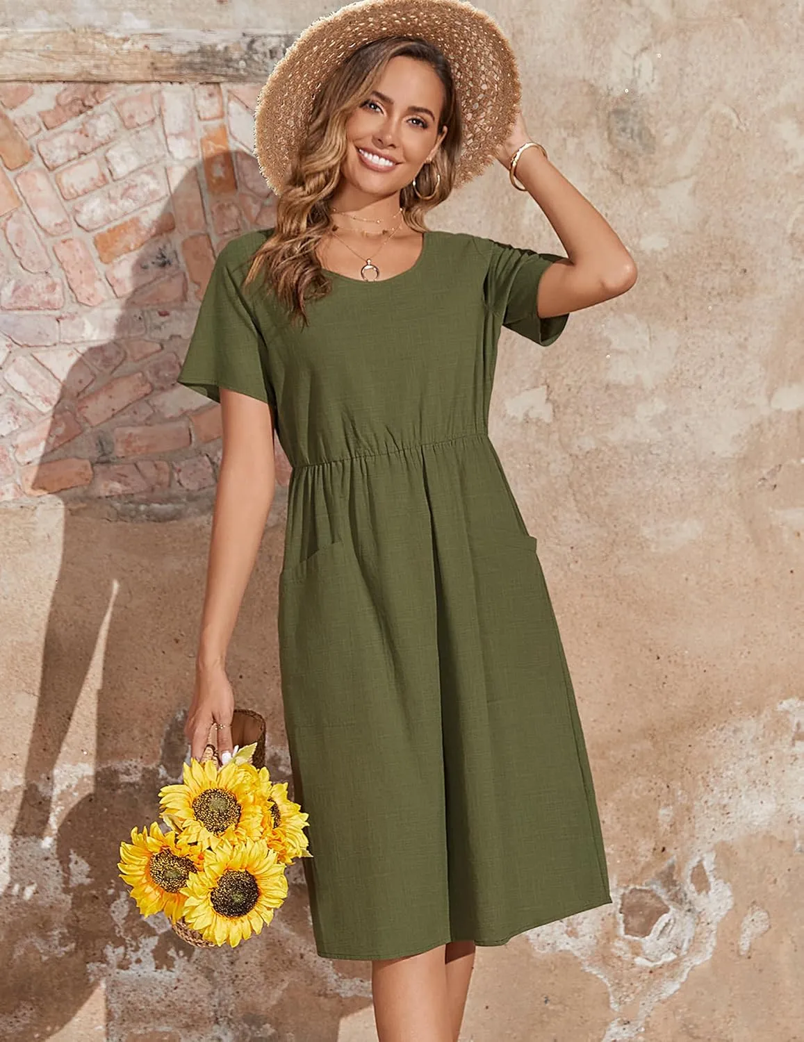 Zeagoo Womens Midi Dress Short Sleeve A-Line Cotton Linen Dress