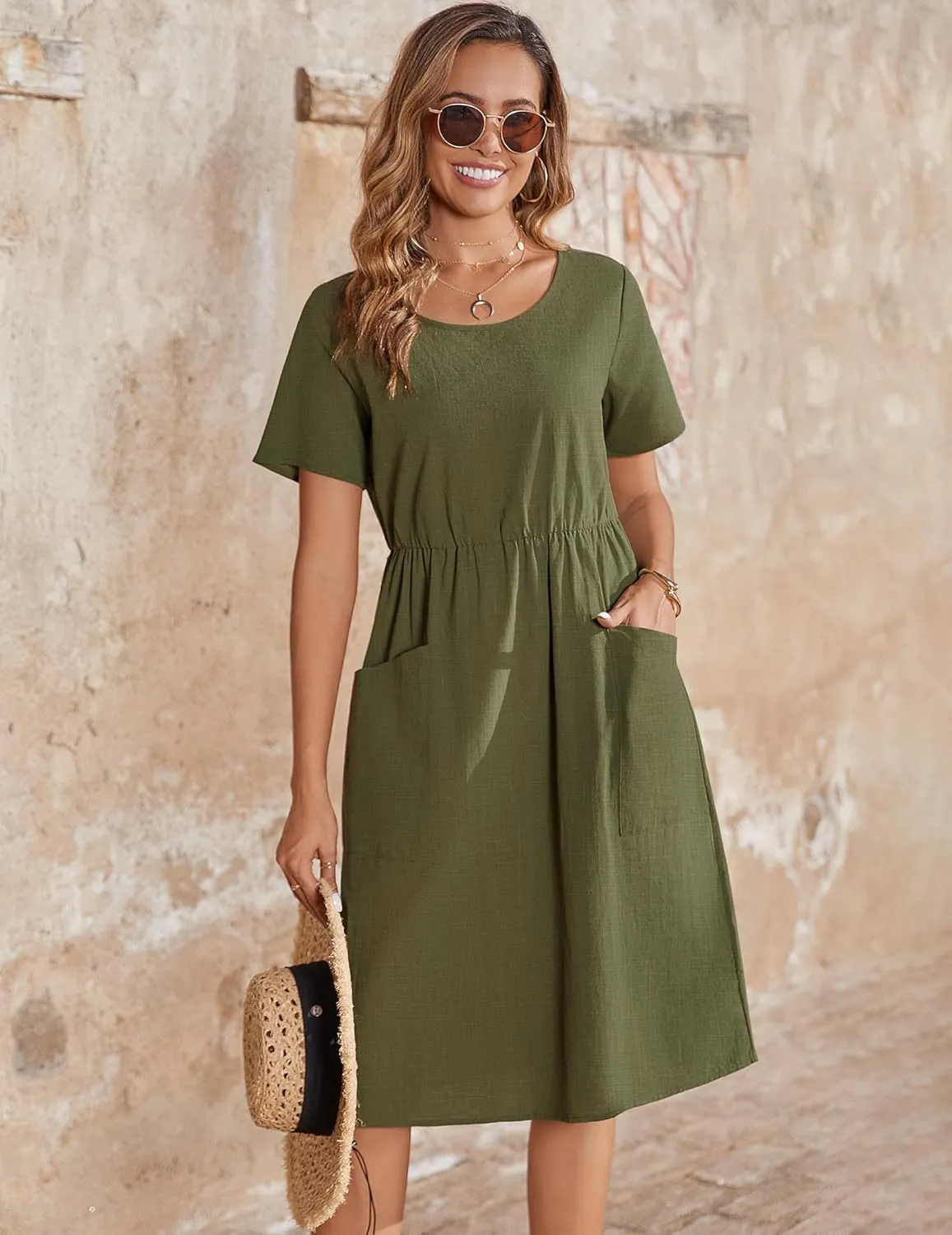 Zeagoo Womens Midi Dress Short Sleeve A-Line Cotton Linen Dress